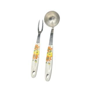 Vintage Ekco Stainless Steal Country Garden Carving Fork And Ladle Circa 1970